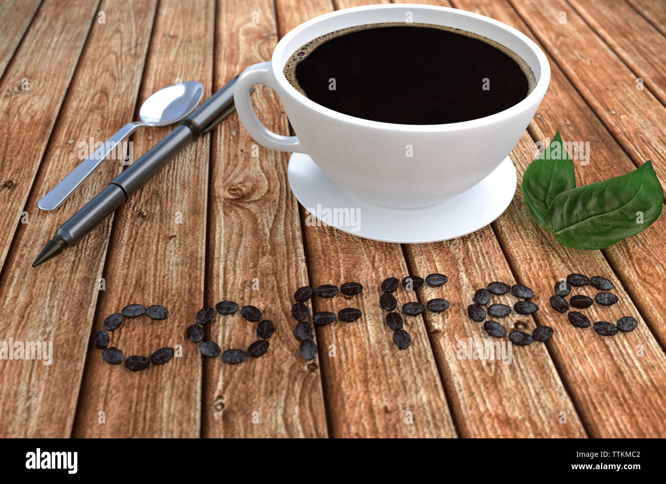 Coffee cup and Coffee beans, spoon and pen on table. 3D rendering Stock Photo