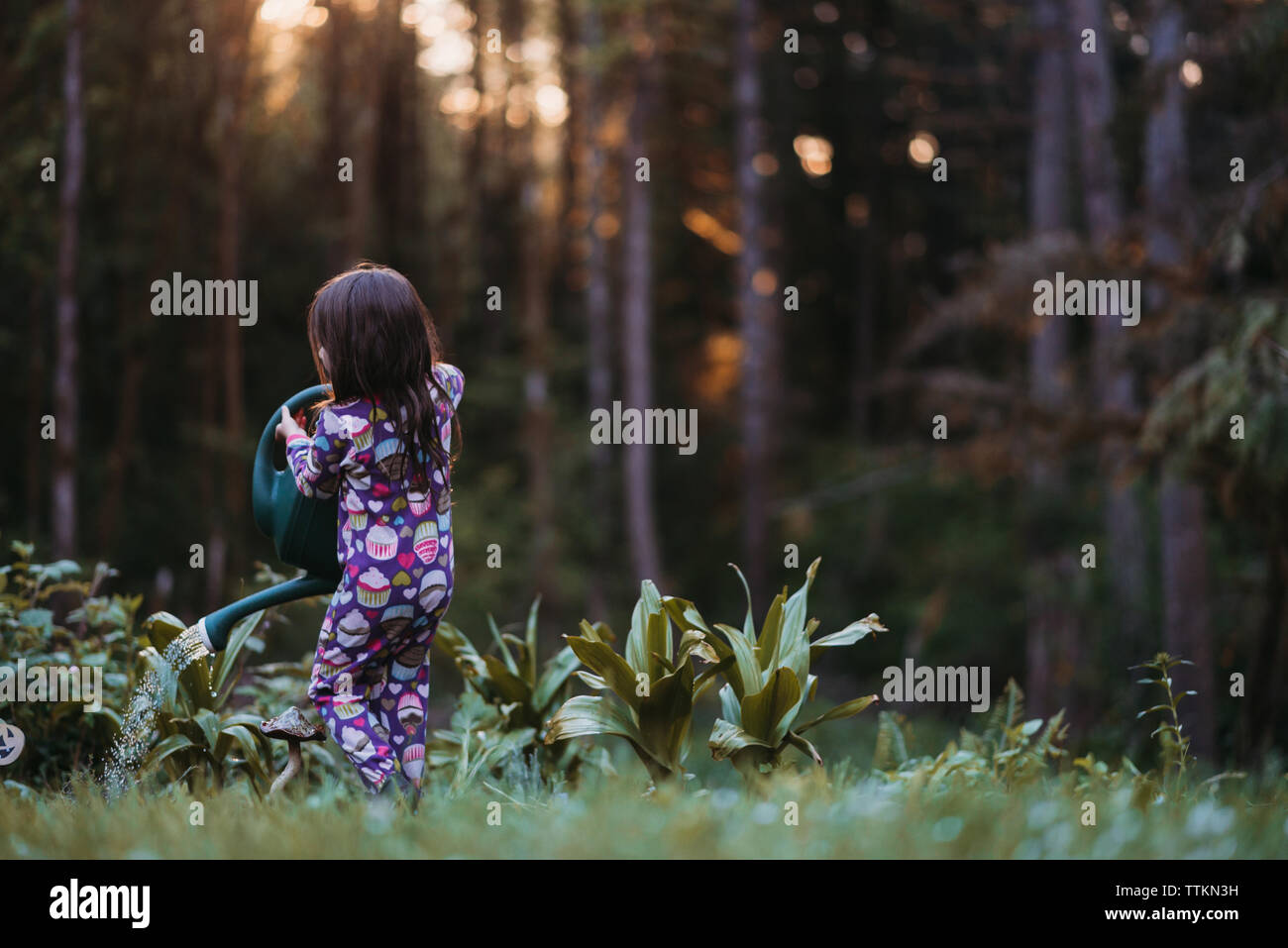 Rear view of girl watering plants at garden Stock Photo