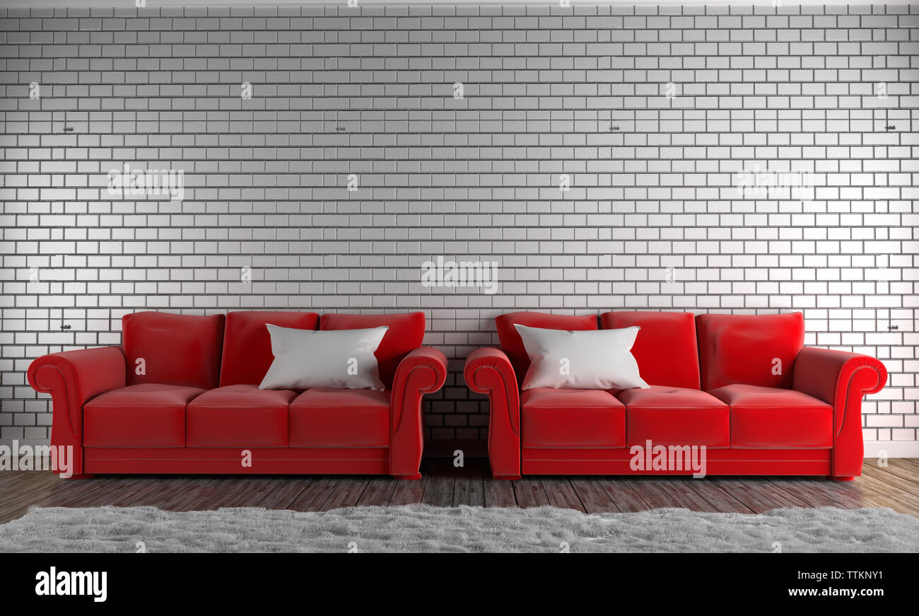 Red sofas and pillows ,carpet , wooden floor on empty brick wall. 3D