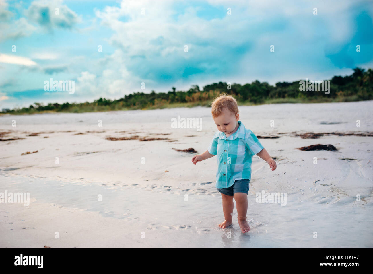 Toddler boy walking on beach in Florida with blue shirt on Stock Photo
