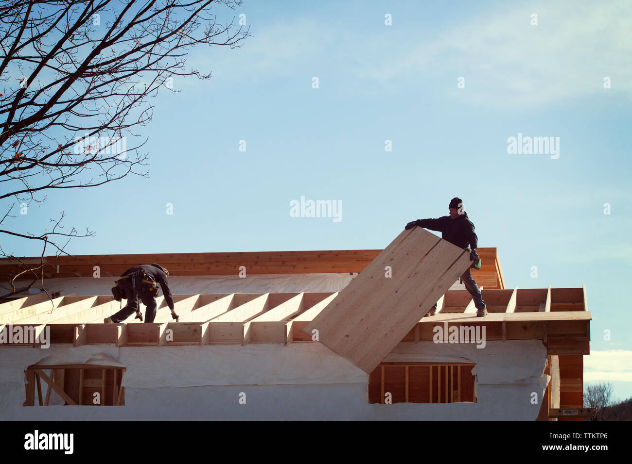 Low angle view of coworkers constructing house roof against sky Stock Photo