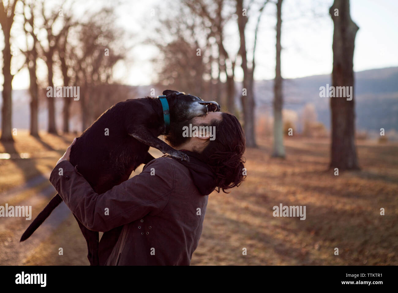 Side view of affectionate man and dog at field during vacation Stock Photo