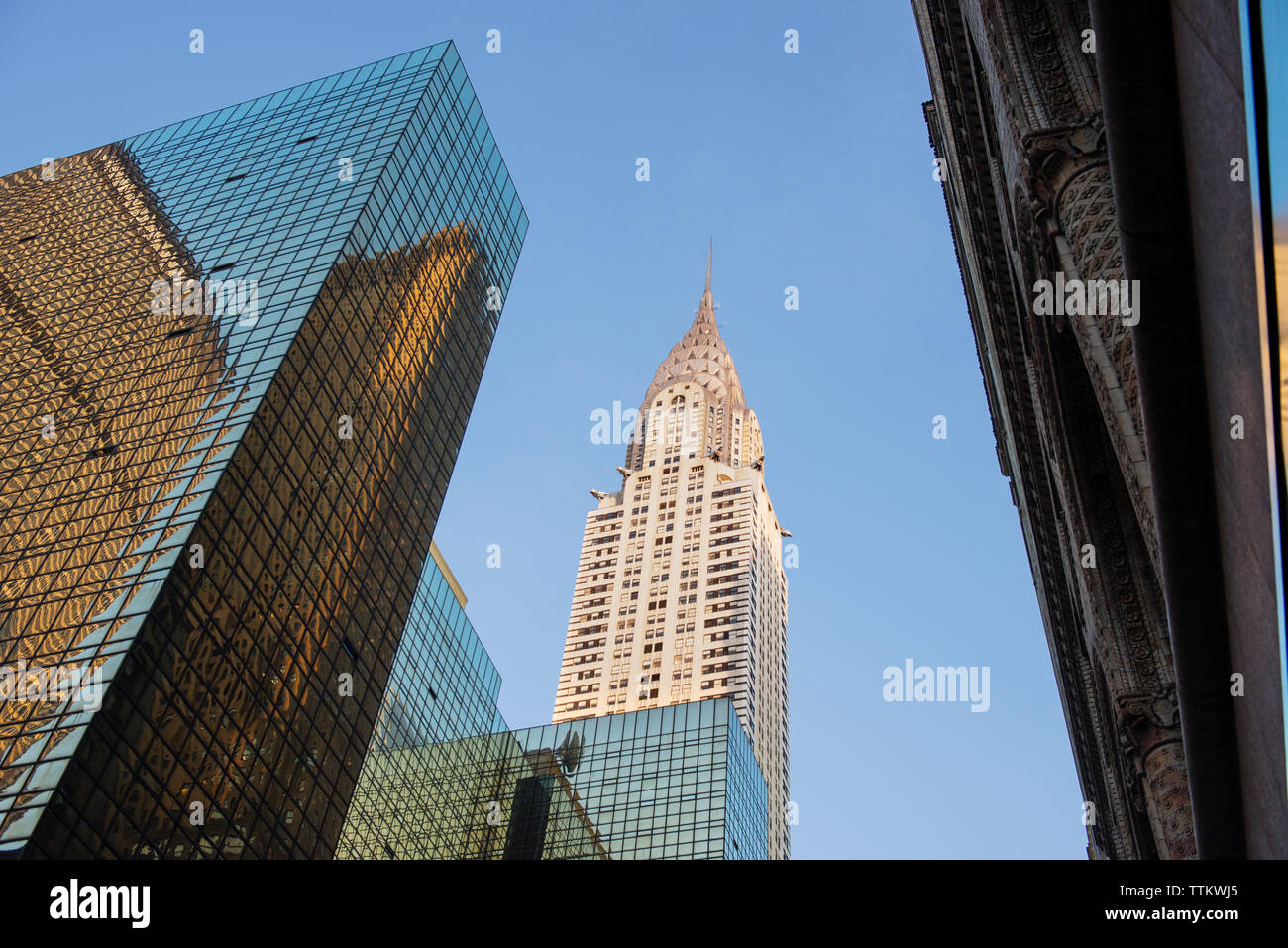Low angle view of Chrysler Building against clear sky Stock Photo