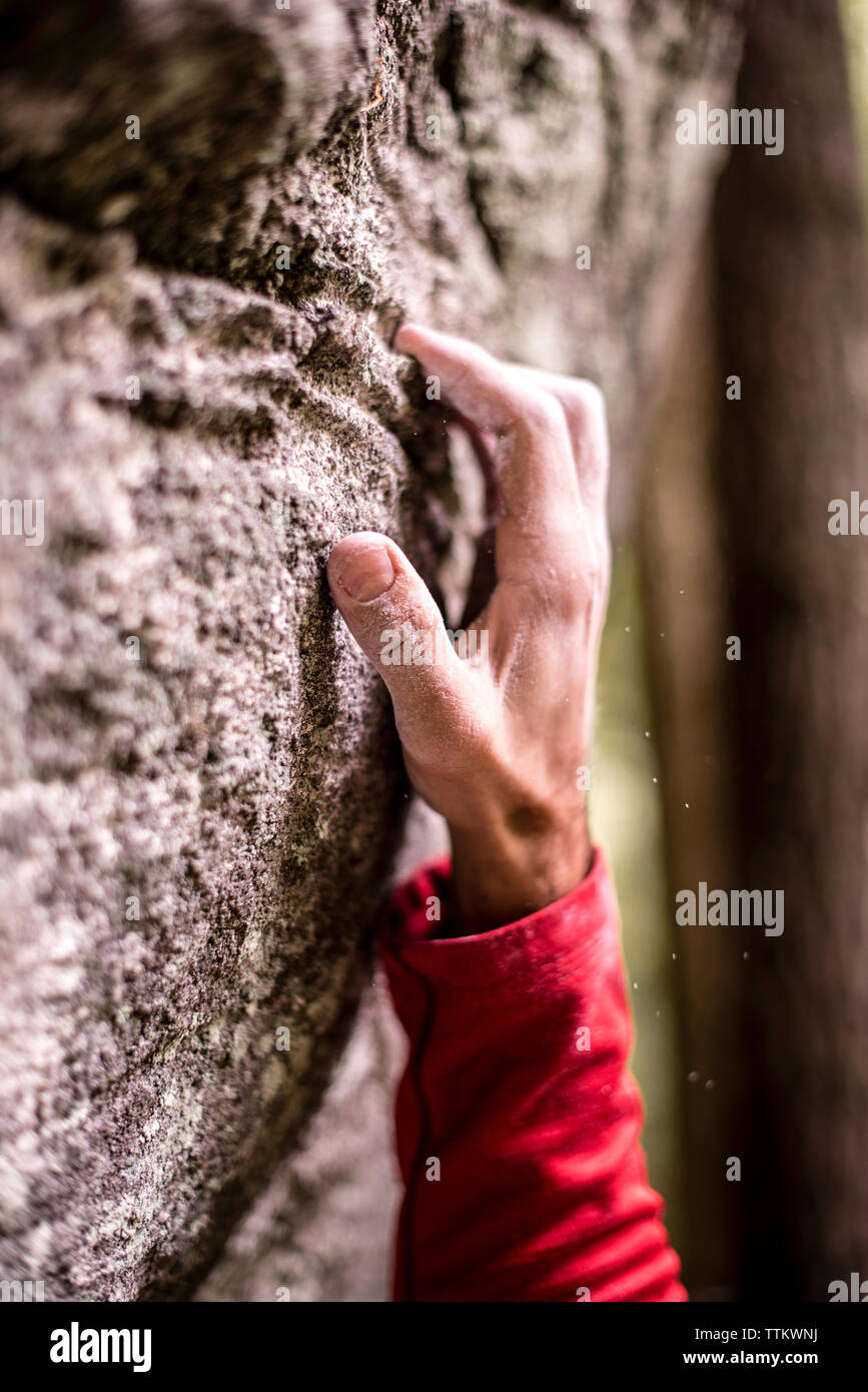 Cropped hand of man gripping on rock while bouldering Stock Photo
