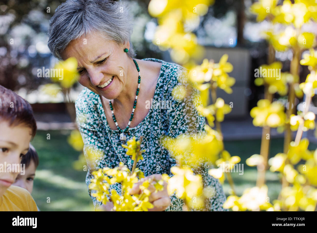 Boys looking at grandmother pruning flowers at yard Stock Photo