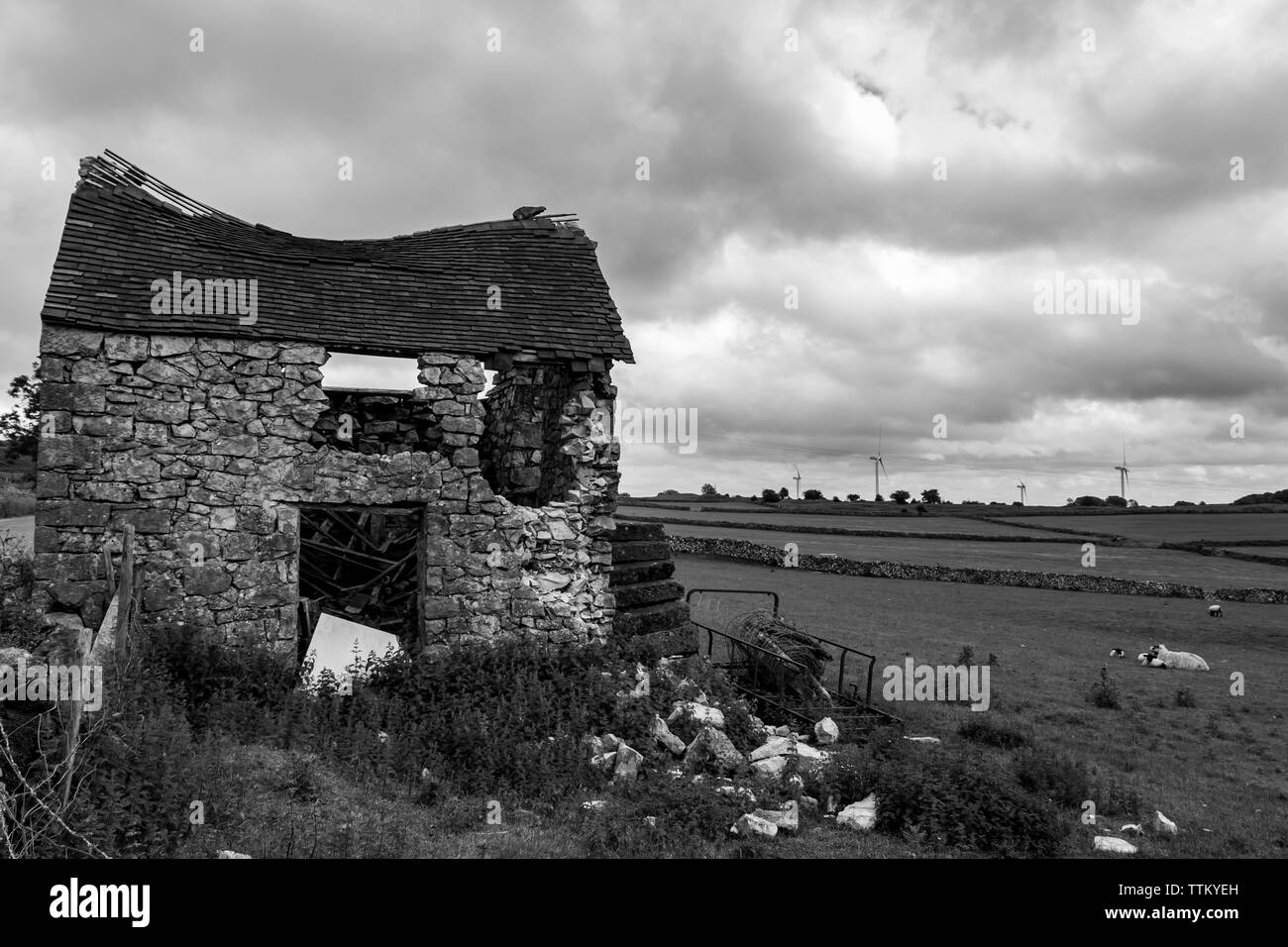 Old Derelict and Abandoned Stone Barn Building in a field near