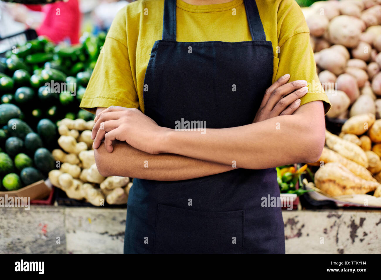 Midsection of owner with arms crossed standing at market stall Stock Photo