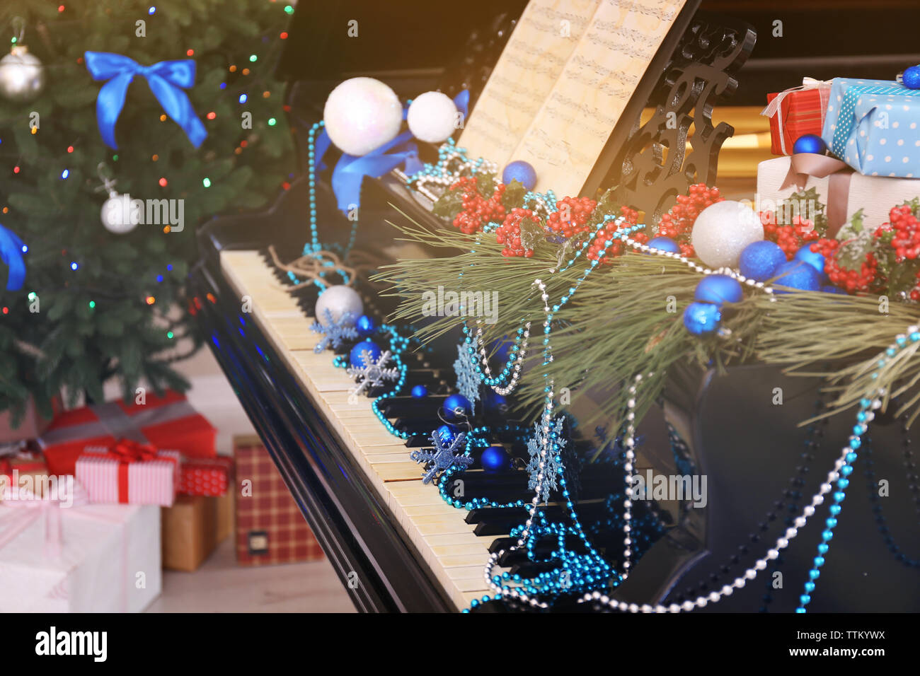 Piano with Christmas decoration Stock Photo