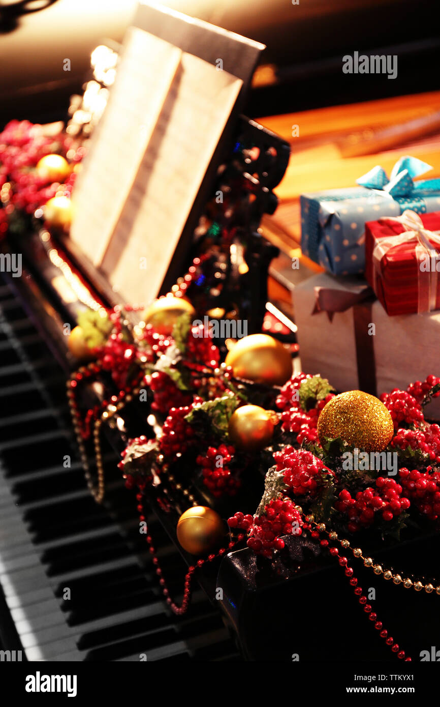 Piano with Christmas decoration Stock Photo