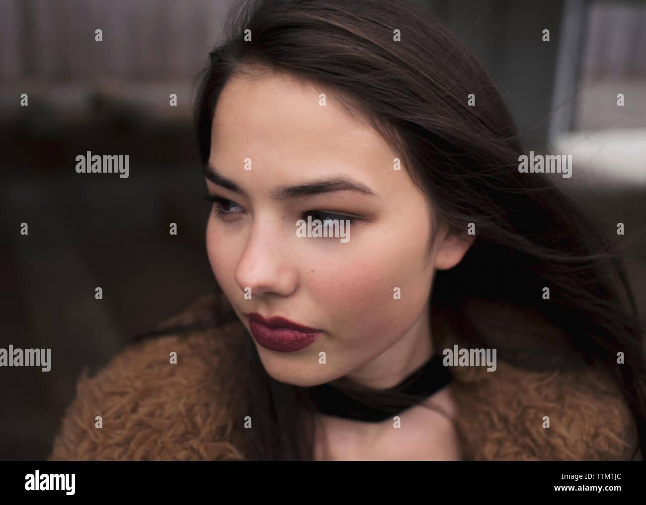 Wind blowing in a brunette's hair. Stock Photo