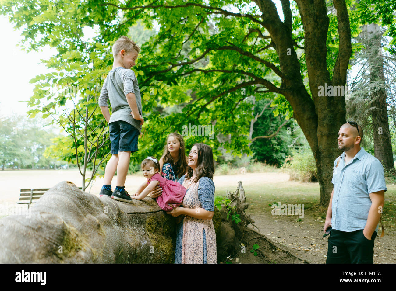 Happy family enjoying against trees in forest Stock Photo