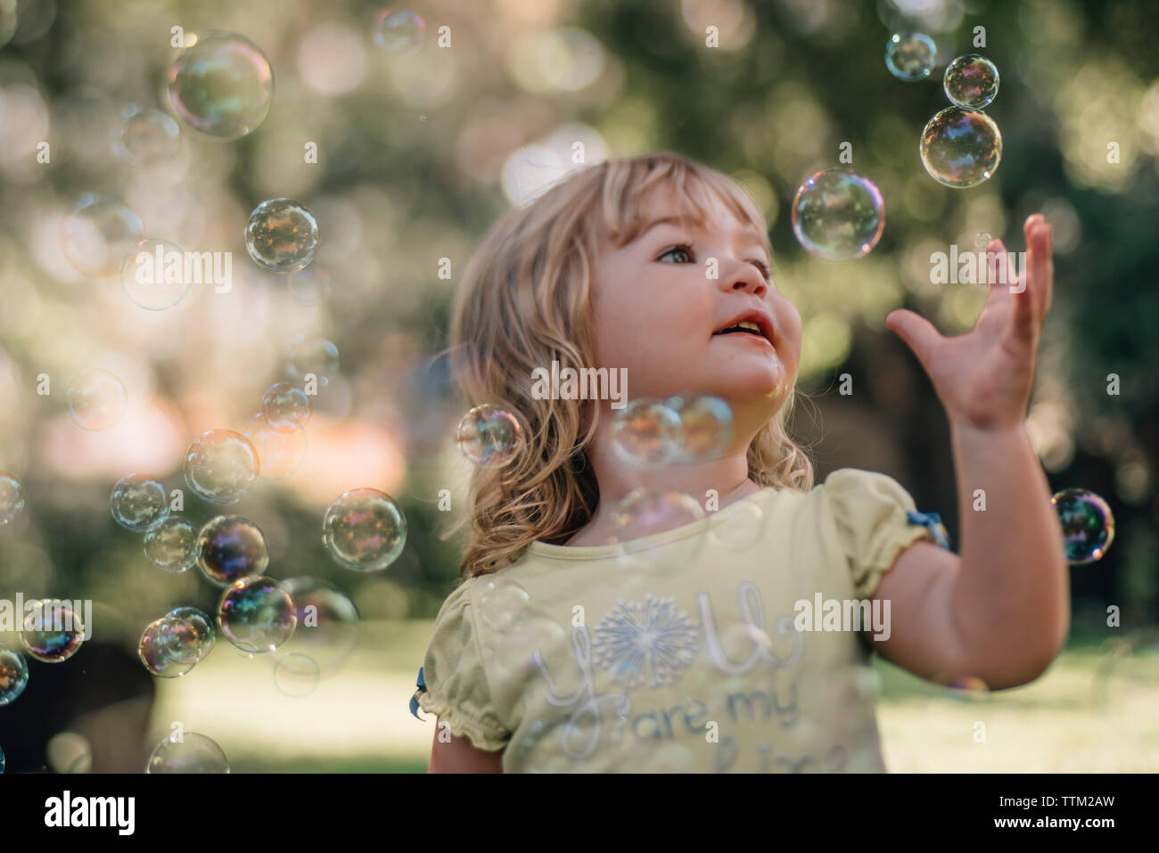 Cute baby girl reaching for bubbles flying in air at park Stock Photo