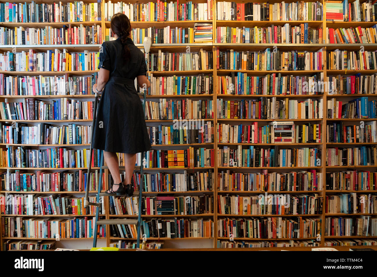 Customer on steps looking at books inside St Georges secondhand bookshop in Prenzlauer berg, Berlin, Germany Stock Photo