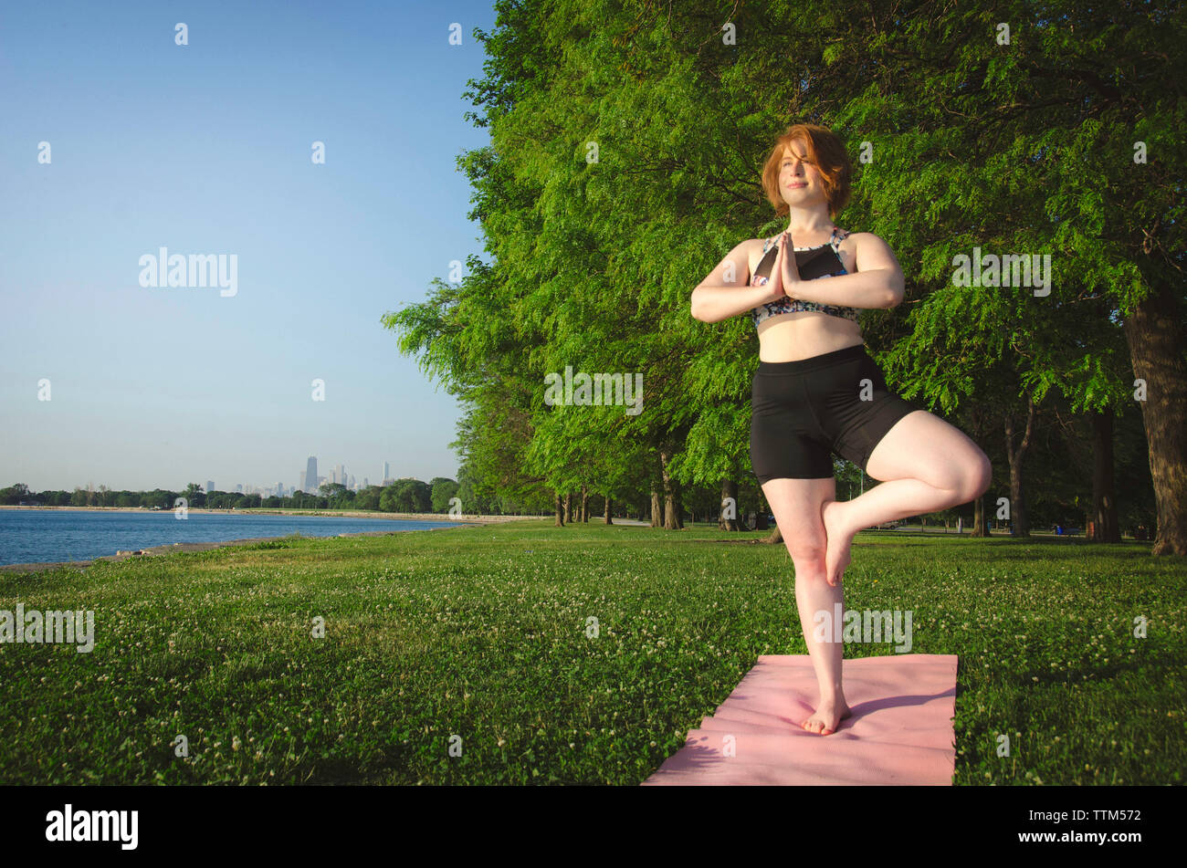 Woman practicing tree pose yoga at park by sea against trees and clear sky Stock Photo