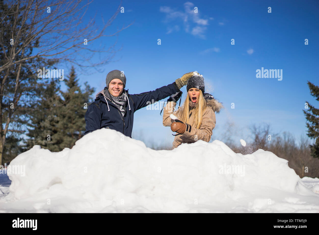 Two friends having a snowball fight, Montreal, Quebec, Canada Stock Photo