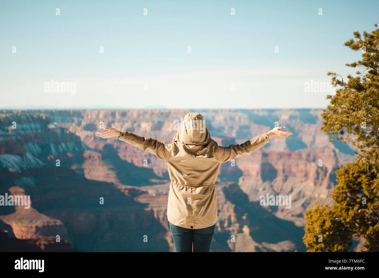 Rear view of woman with arms outstretched standing at Grand Canyon ...