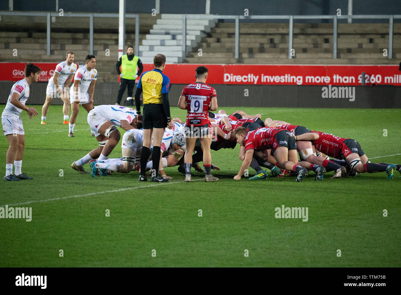 Scrum Half, Charlie Chapman waits as Gloucester pack take the strain against Exeter Chiefs 2nd squad at Kingsholm stadium, Gloucester, UK Stock Photo