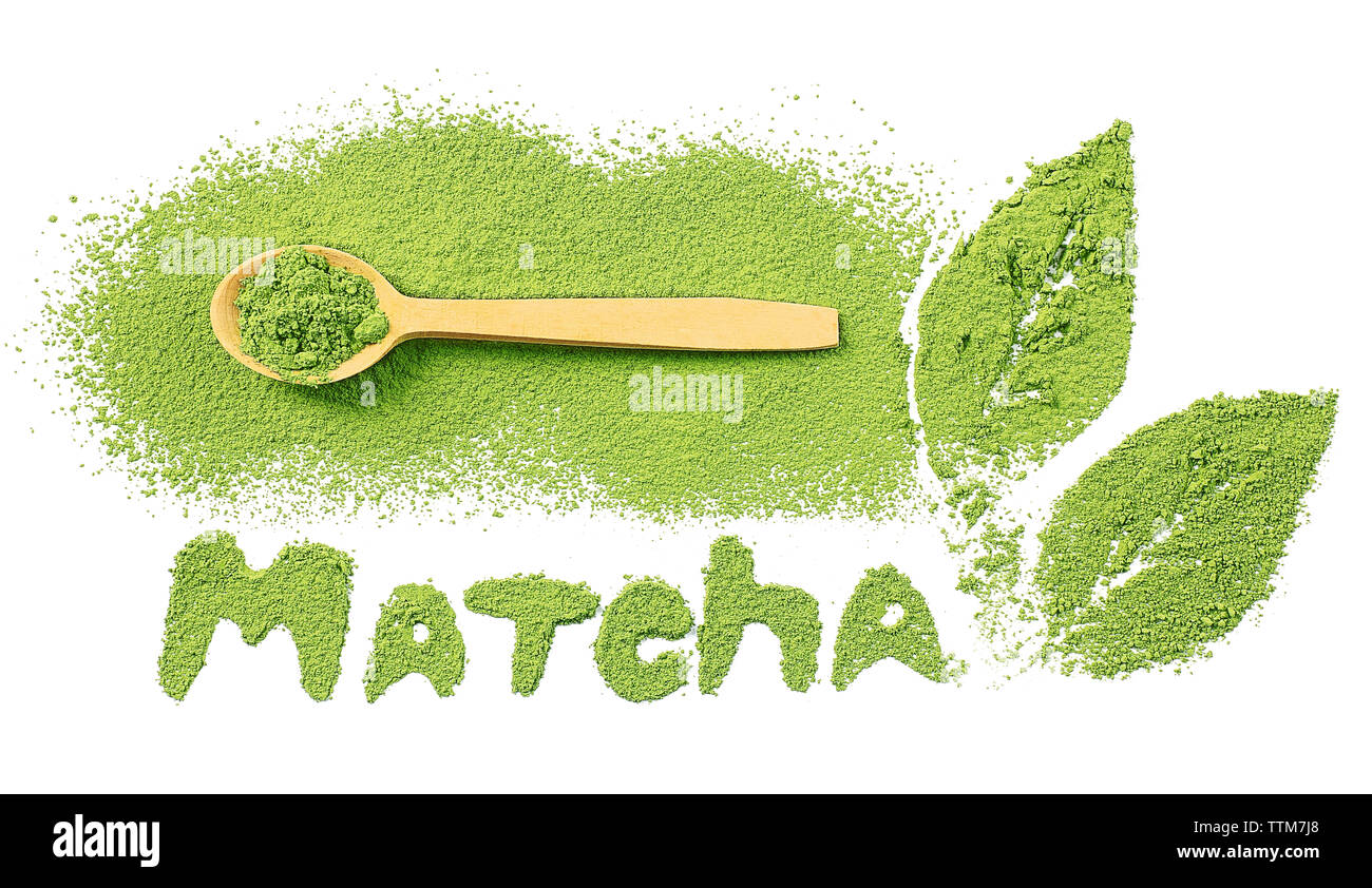 Matcha word by powdered matcha green tea with wooden spoon Stock Photo