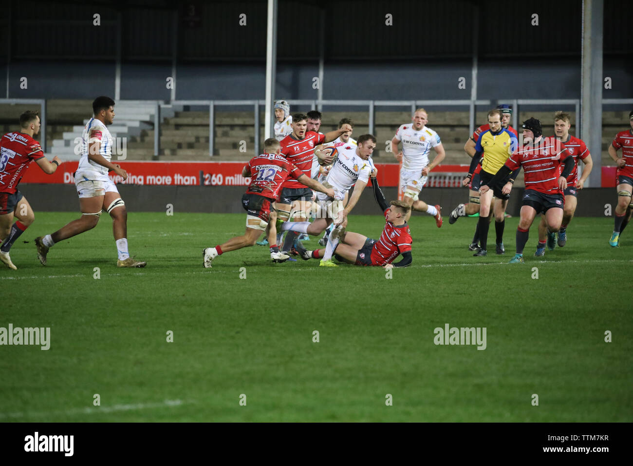 Exeter Chiefs Max Bodilly breaking free from the Gloucester defence heading for the try line at Kingsholm stadium, Gloucester, UK. Stock Photo