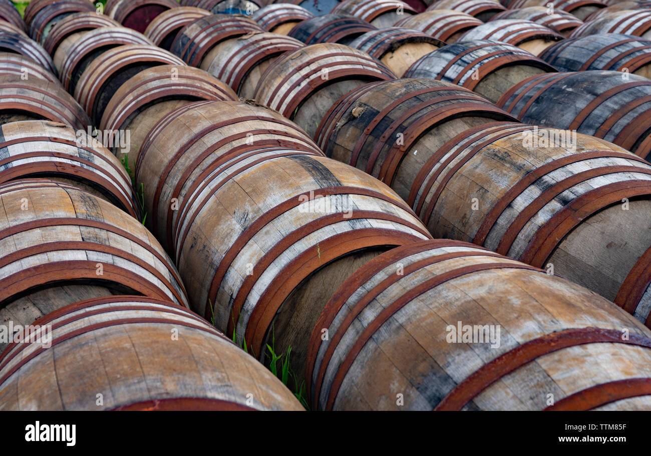 View of whisky barrels at Bunnahabhain Distillery on island of Islay in Inner Hebrides of Scotland, UK Stock Photo