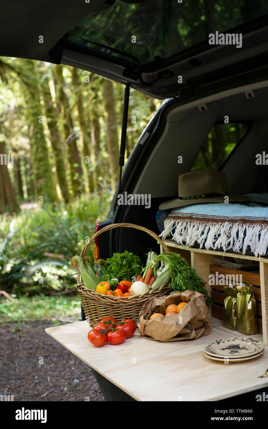 Fresh vegetables in open car trunk of sports utility vehicle Stock Photo