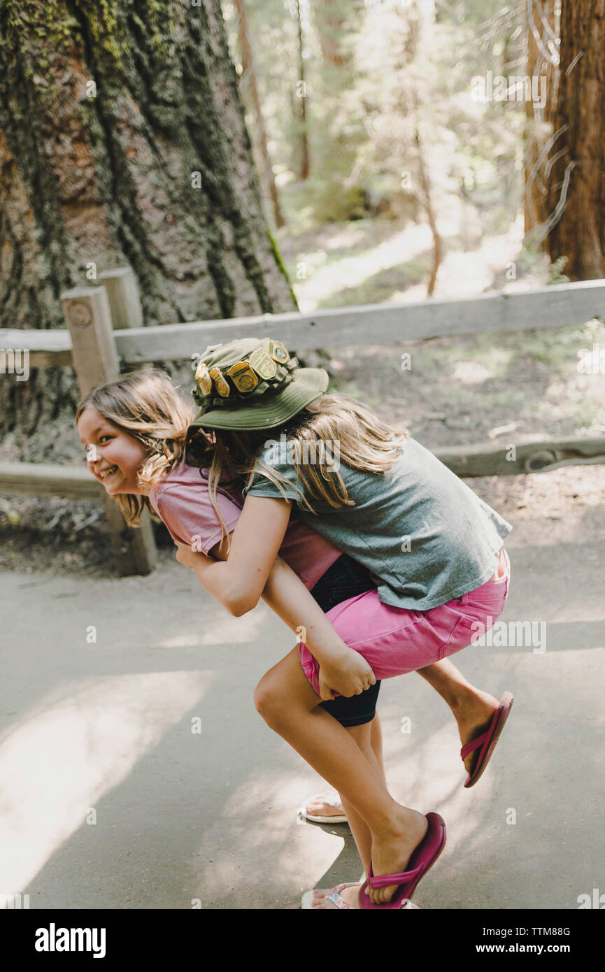 Playful girl piggybacking sister in forest at Kings Canyon National Park Stock Photo