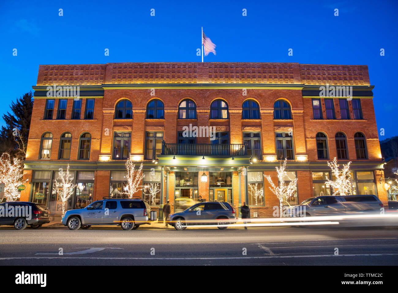 USA, Colorado, Aspen, exterior shot of the Jerome Hotel at dusk, Main Street Stock Photo