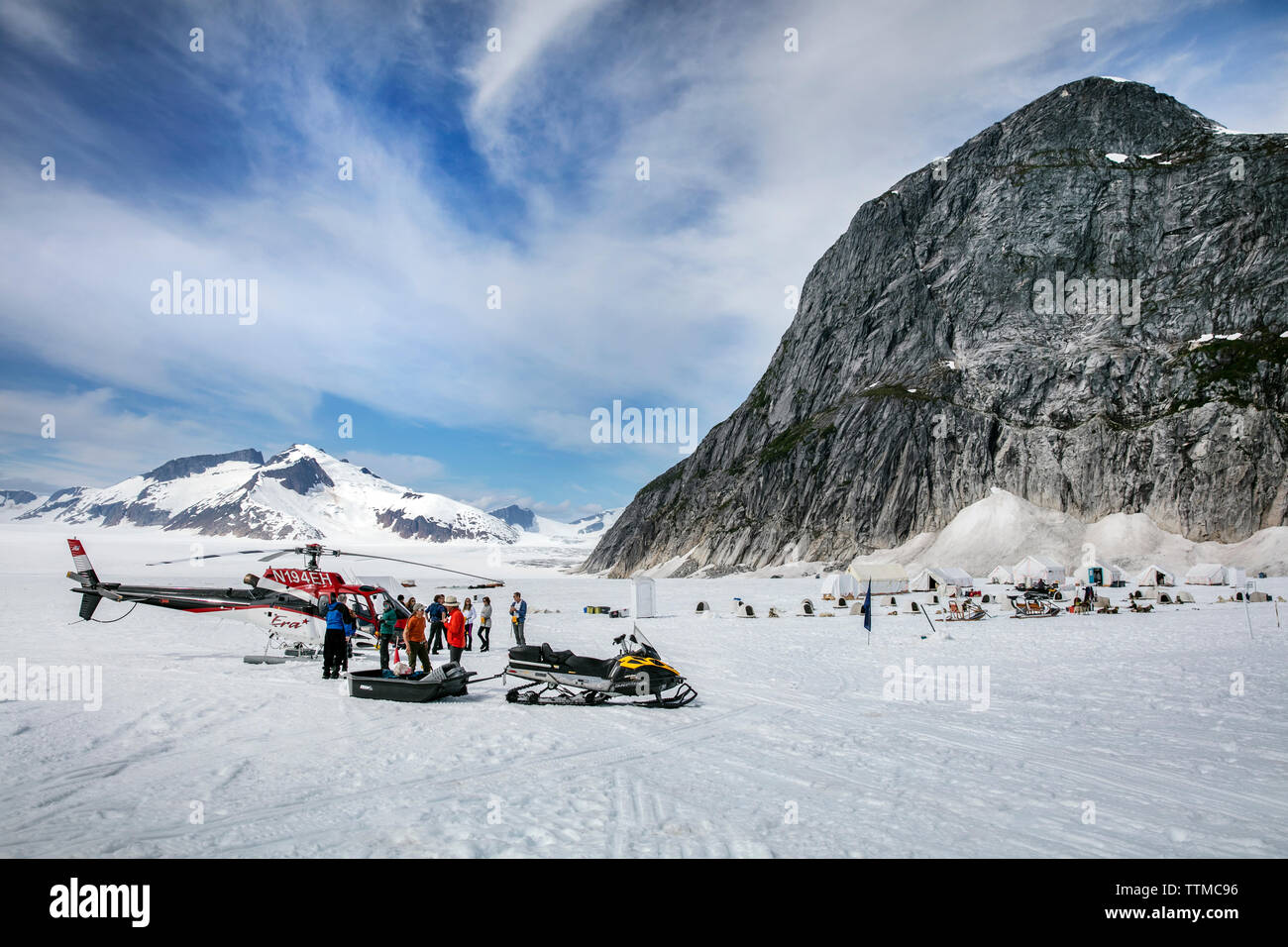 USA, Alaska, Juneau, Helicopter Dogsled Tour flies you over the Taku