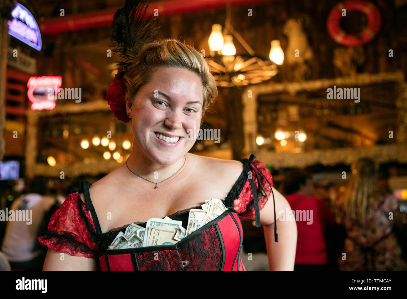 USA, Alaska, Juneau, Giselle, a waitresses at the Red Dog Saloon in