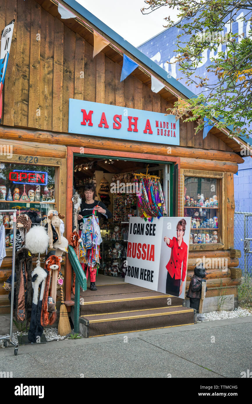 USA, Alaska, Anchorage, Inga the store owner in front of her store, Masha, a local store located in downtown Anchorage Stock Photo