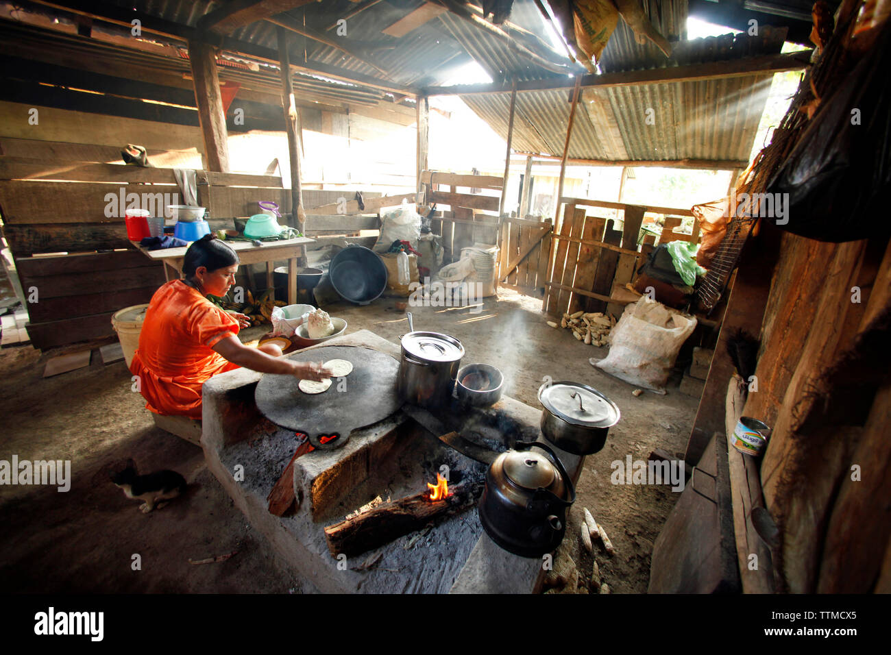 BELIZE, Punta Gorda, Toledo District, Selestina Cho makes tortillas in the kitchen at her home in the Maya village of San Jose Stock Photo