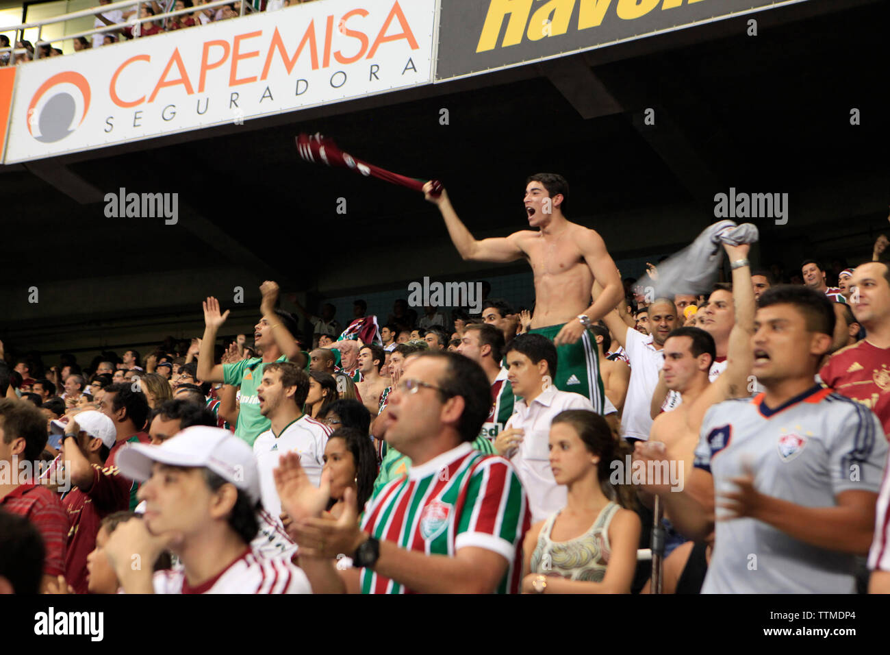 BRAZIL, Rio de Janiero, fans cheer and celebrate within Joao Havelange or Engenhao stadium, Flumanense vs Gremio Stock Photo