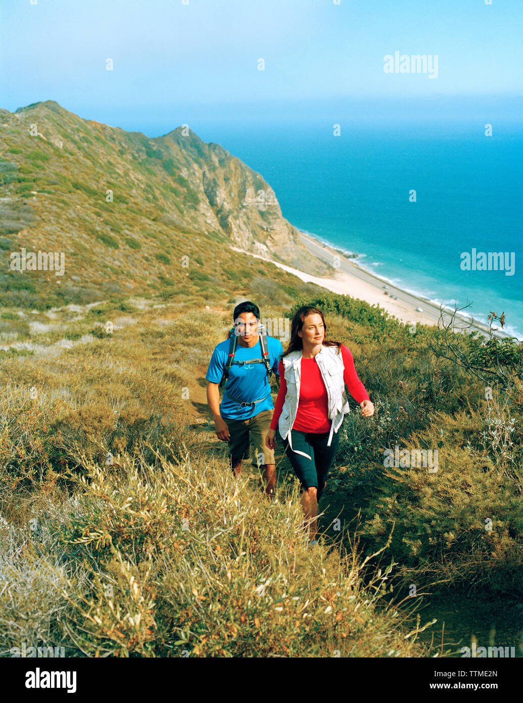 USA, California, Malibu, hiking the coastal Chumash Trail above the ...