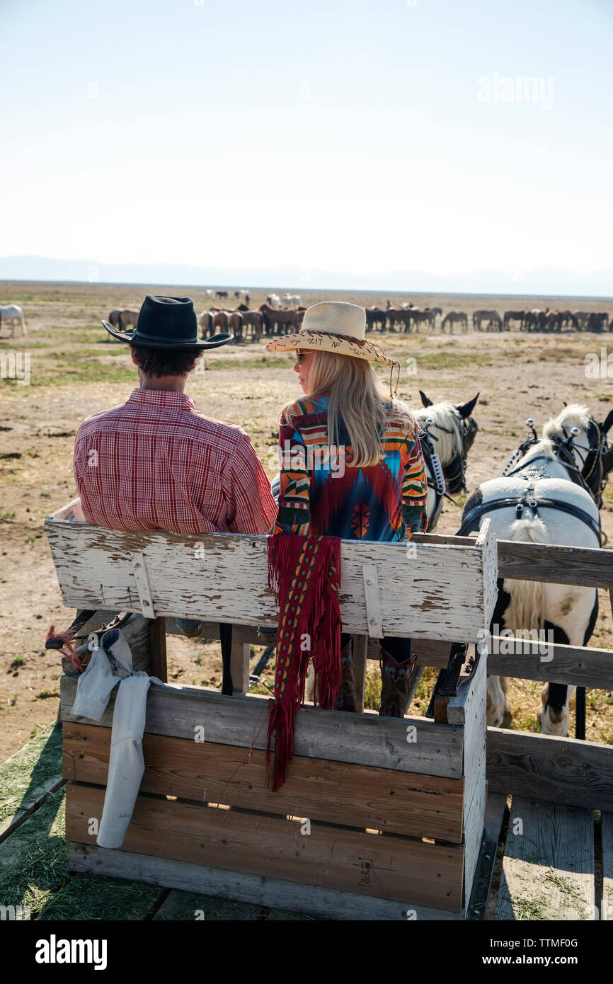 USA, Nevada, Wells, Founder Madeleine Pickens leads a HorseDrawn Wagon