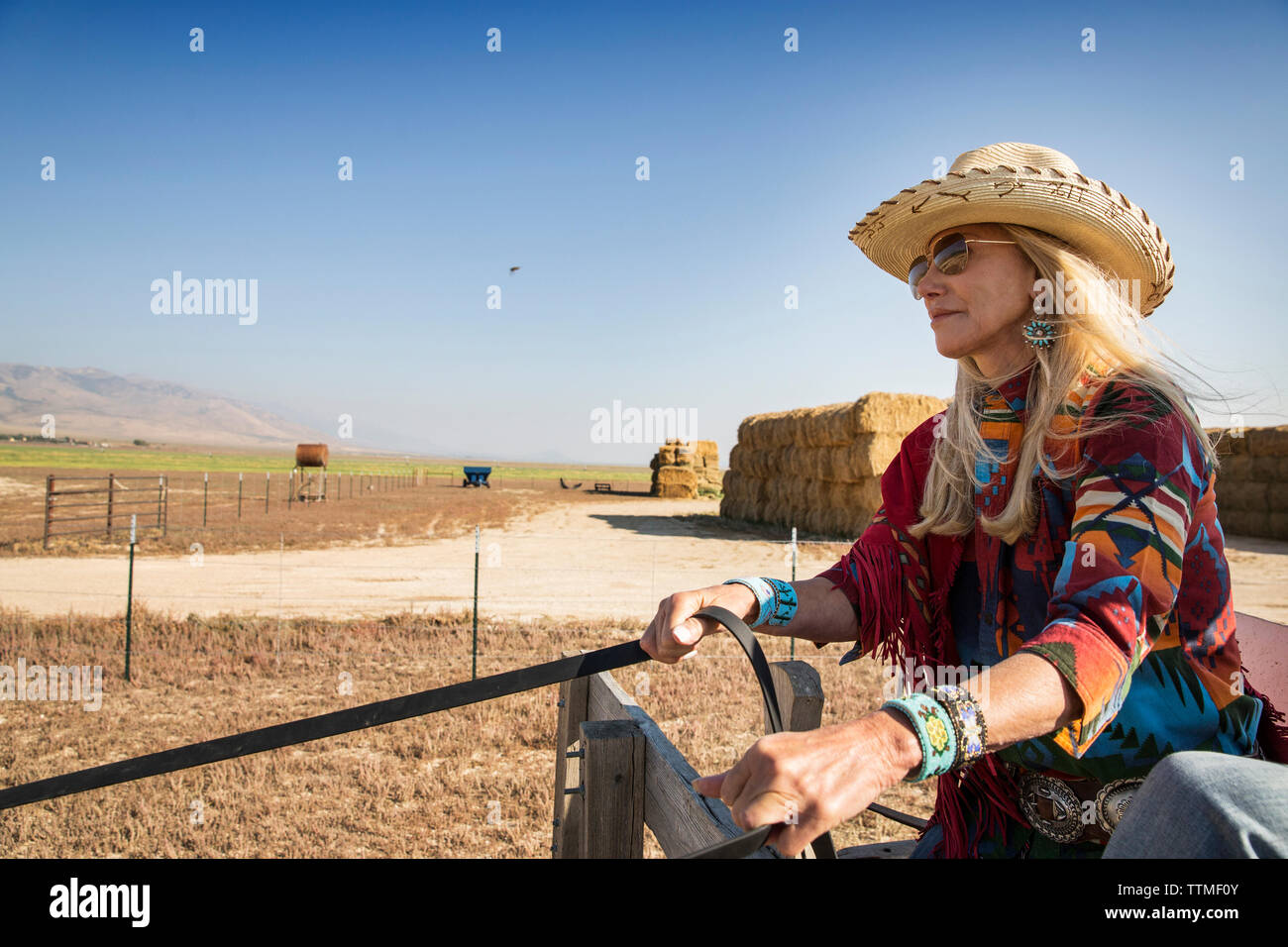 USA, Nevada, Wells, Founder Madeleine Pickens leads a HorseDrawn Wagon