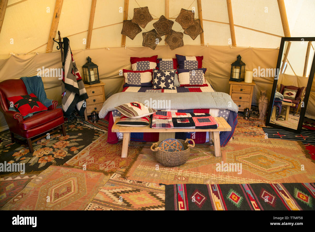 USA, Nevada, Wells, inside of the Luxury Tipis offered at Mustang Monument, A sustainable luxury eco friendly resort and preserve for wild horses, Sav Stock Photo