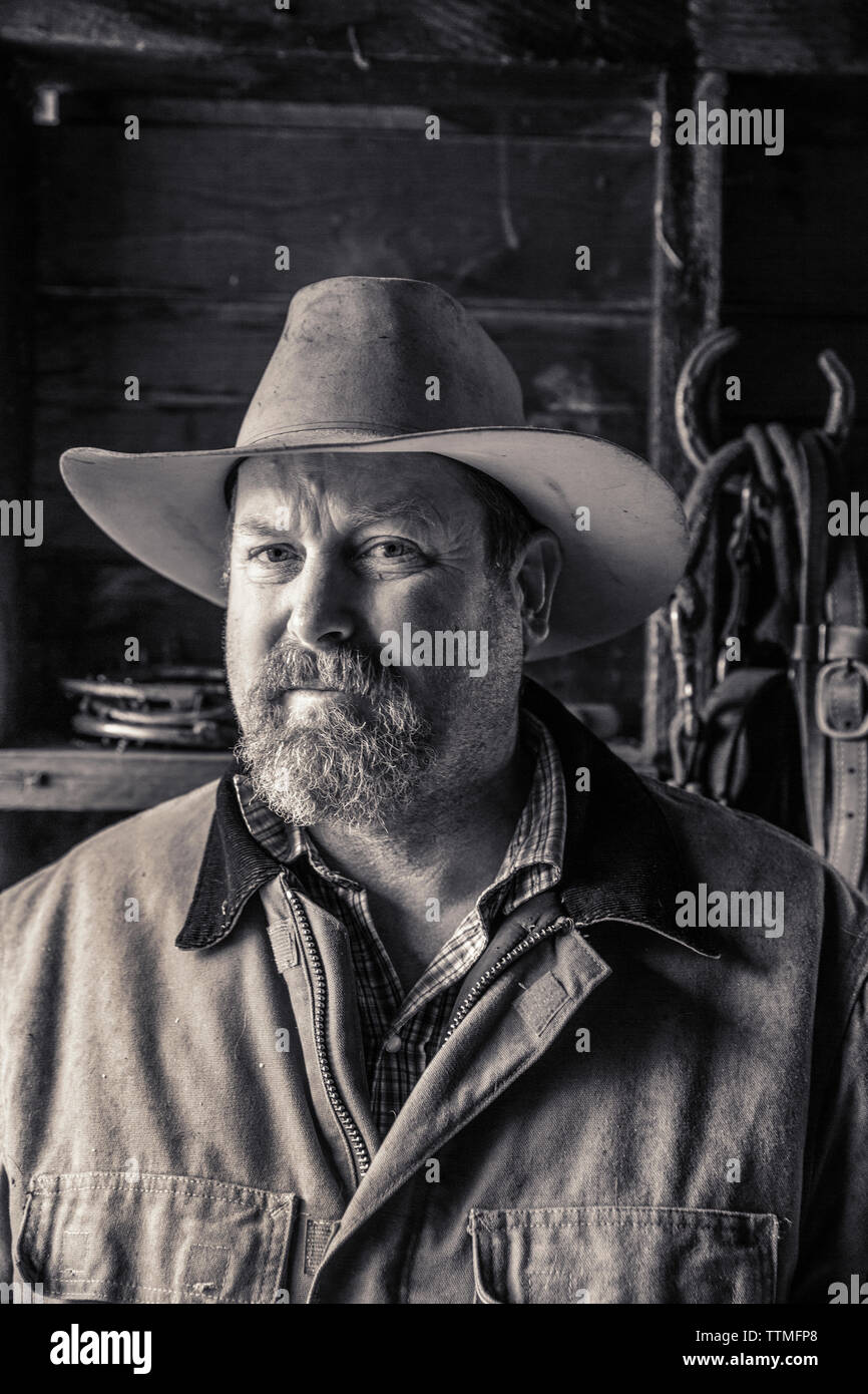 USA, Oregon, Enterprise, Portrait of Cowboy and Rancher Todd Nash at the Snyder Ranch in North East Oregon between Enterprise and Joseph Stock Photo
