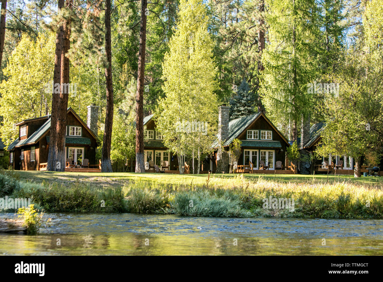 USA, Oregon, Camp Sherman, Metolius River Resort, View of River Stock Photo