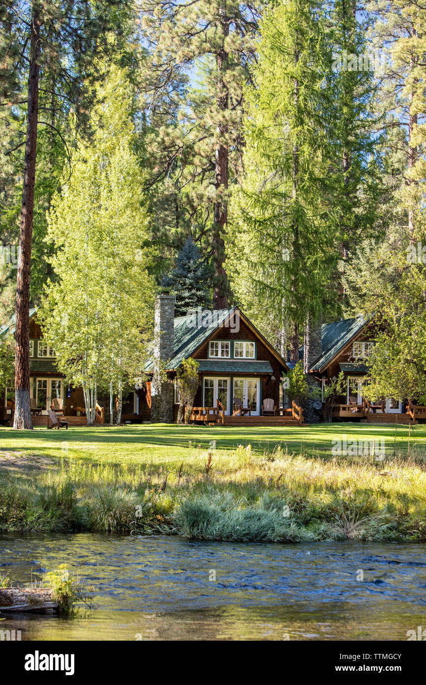 USA, Oregon, Camp Sherman, Metolius River Resort, View of River Stock Photo