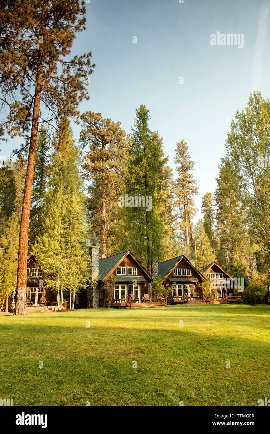USA, Oregon, Camp Sherman, Metolius River Resort, cabins morning Stock Photo