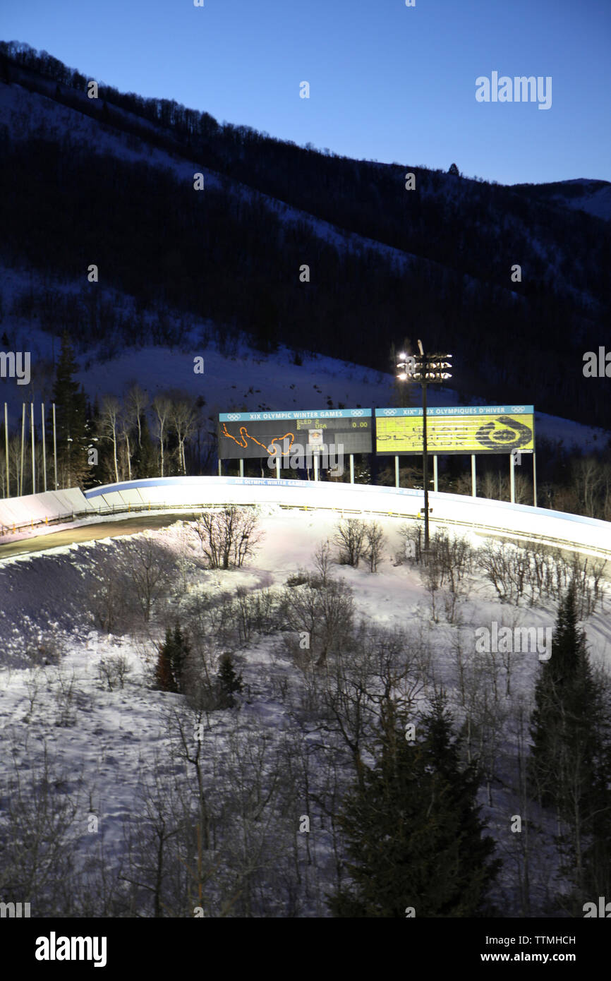 USA, Utah, Park City, a shot of the luge and bobsled course at the Utah Olympic Park Stock Photo