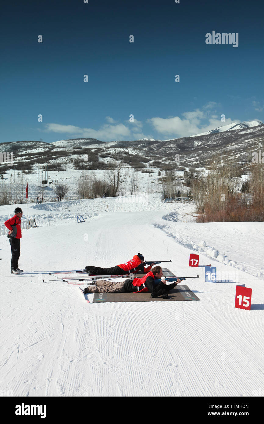 USA, Utah, Midway, Soldier Hollow, learning how to Biathlon, shooting