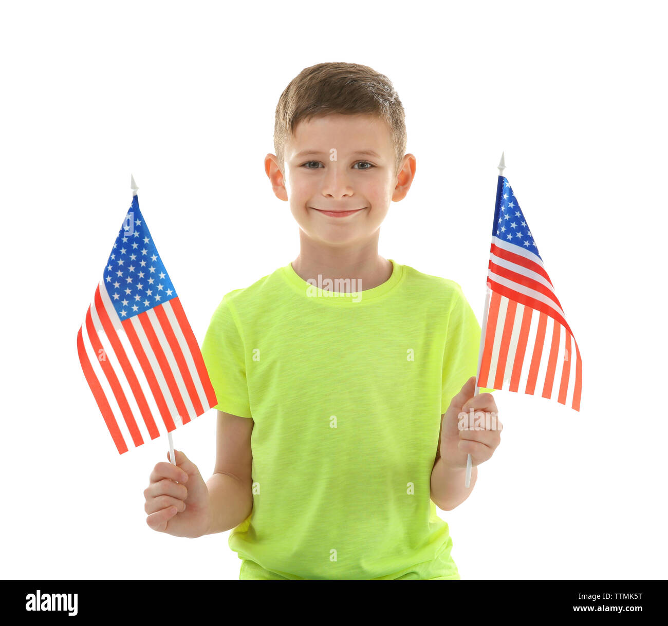 Boy and American flags on white background Stock Photo - Alamy
