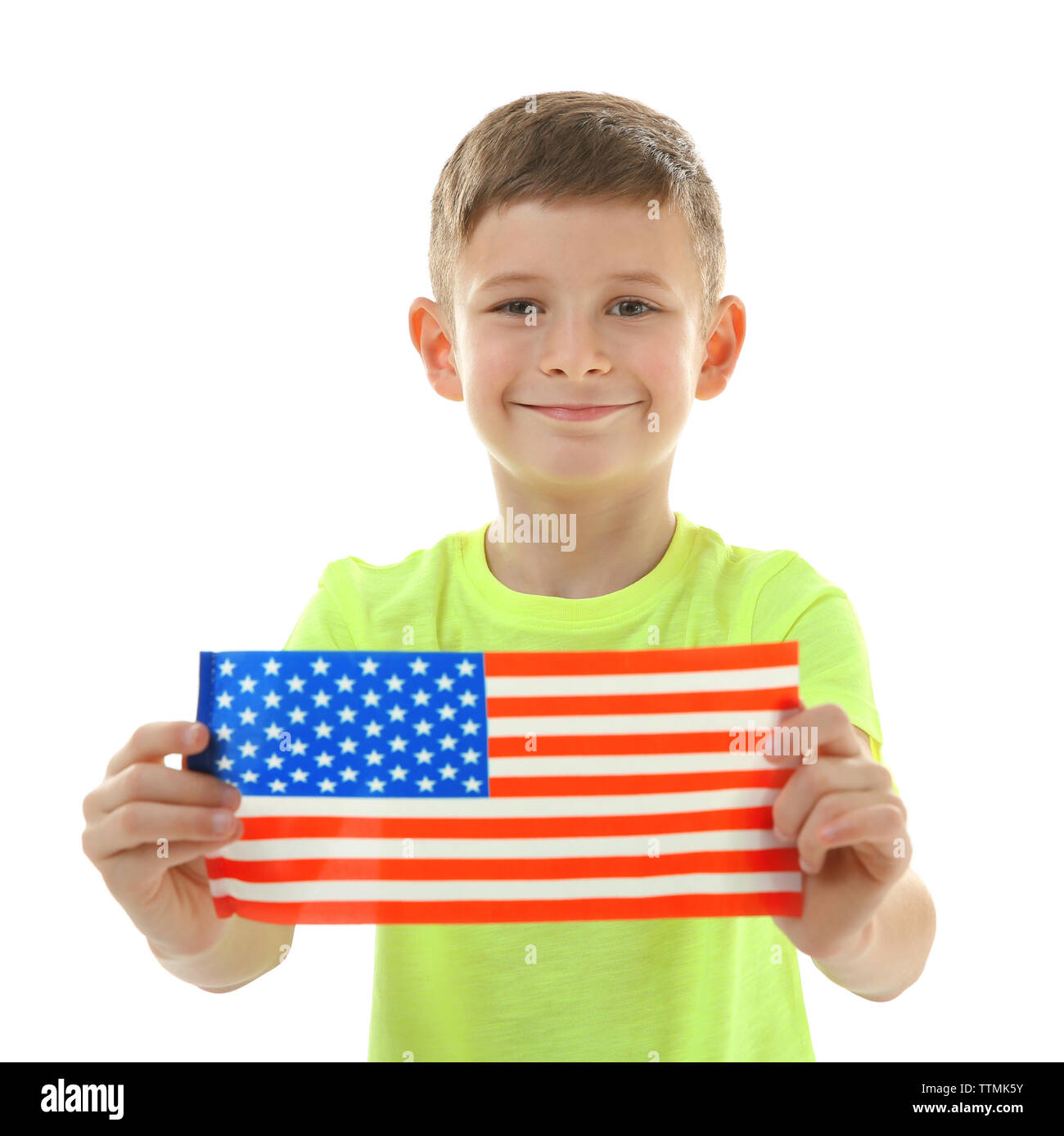 Boy and American flag on white background Stock Photo - Alamy