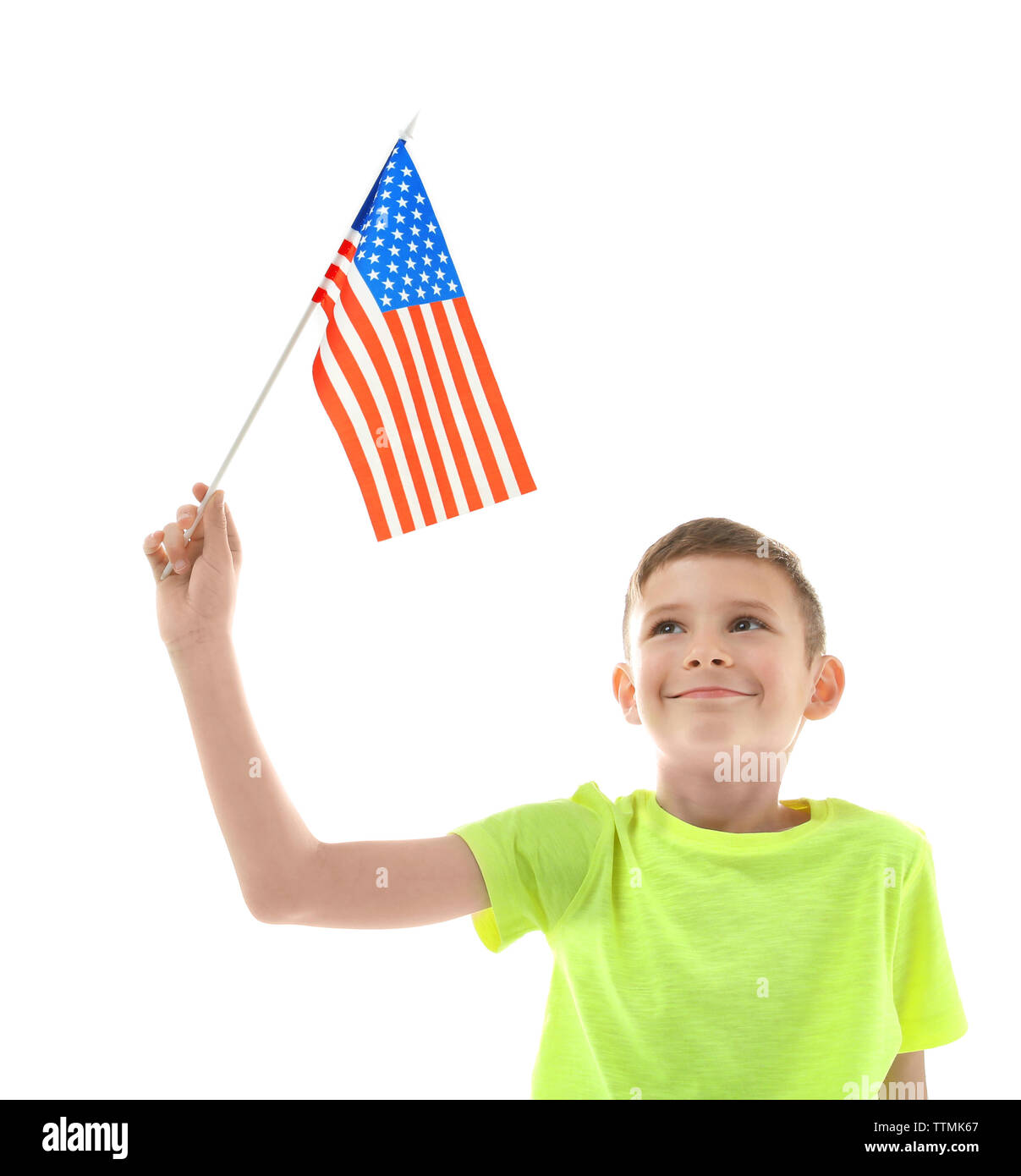 Boy and American flag on white background Stock Photo - Alamy