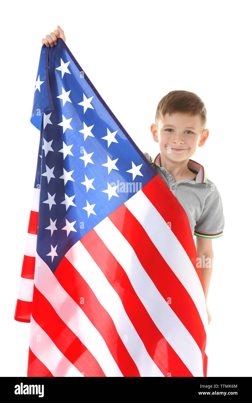 Boy and big American flag, on white background Stock Photo - Alamy