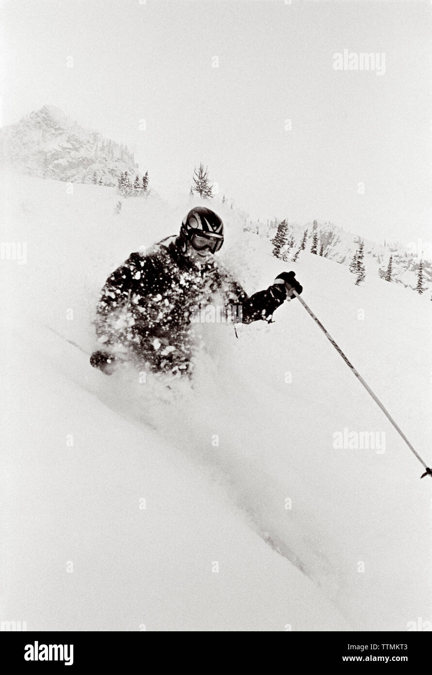 CANADA, BC Rockies, man skiing in the deep snow, Island Lake Lodge (B&W) Stock Photo