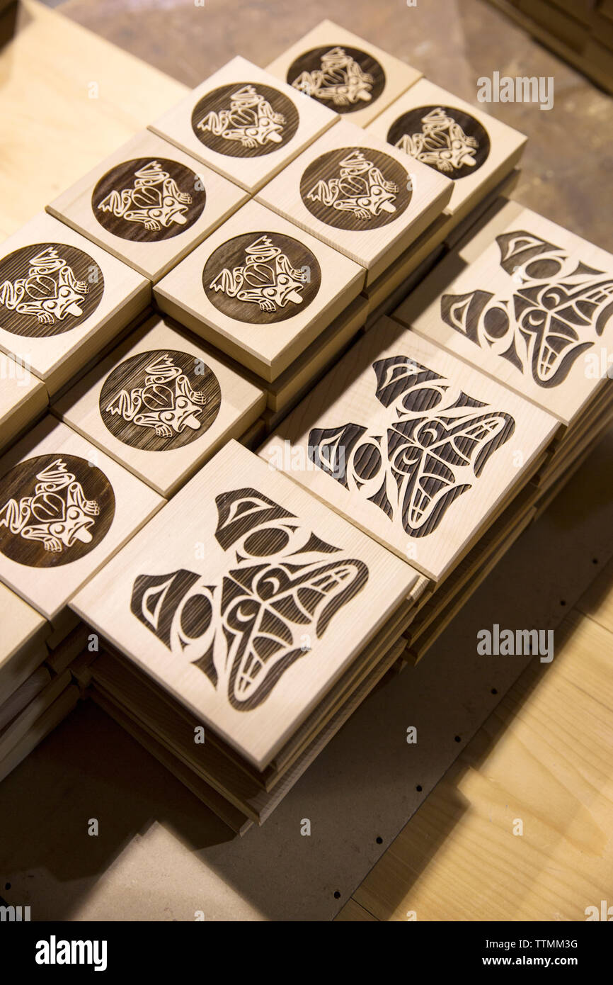 CANADA, Vancouver, British Columbia, laser carved wooden boxes at Spirit works Limited in North Vancouver, an  aboriginal owned and operated company Stock Photo