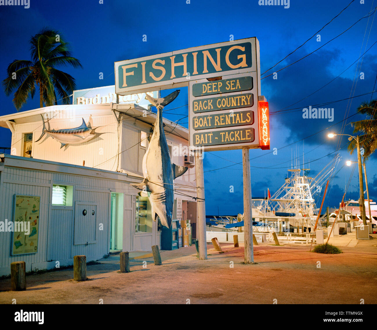USA, Florida, fishing bait and tackle store at dusk, Bud N' Mary's