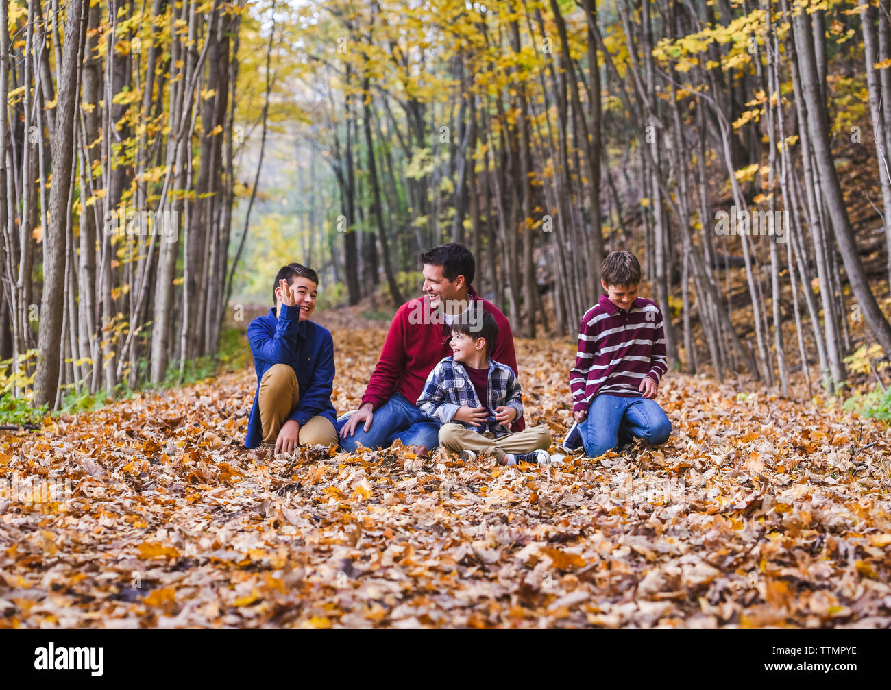 Happy father talking with sons while sitting on dry leaves in forest ...